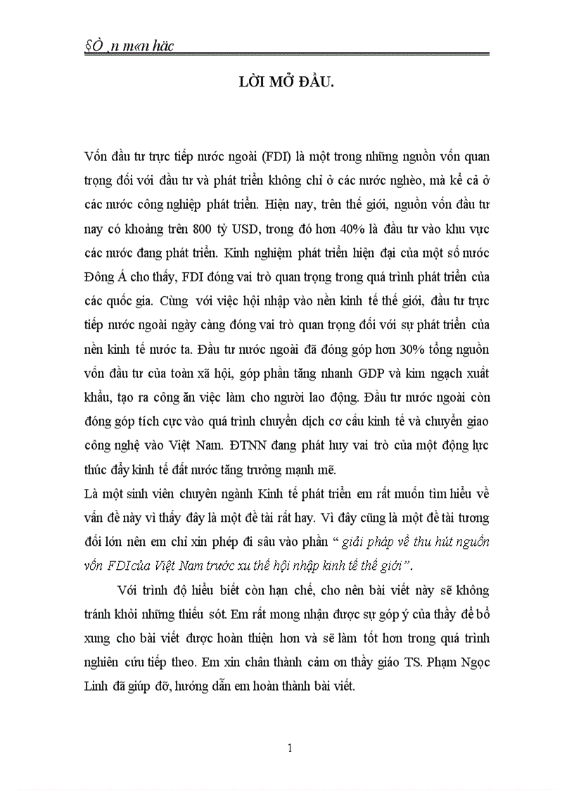 Giải pháp về thu hút nguồn vốn FDI của Việt Nam trước xu thế hội nhập kinh tế thế giới