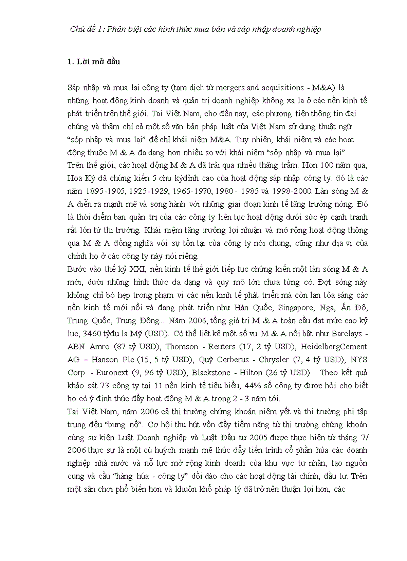 Chủ đề Phân biệt các hình thức mua bán và sáp nhập doanh nghiệp