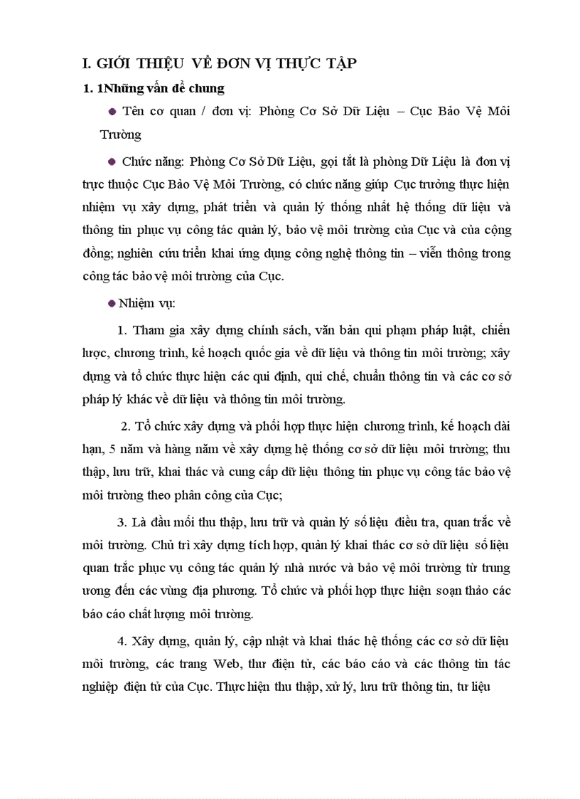Báo cáo thực tập tổng hợp của Phòng Cơ Sở Dữ Liệu Cục Bảo Vệ Môi Trường