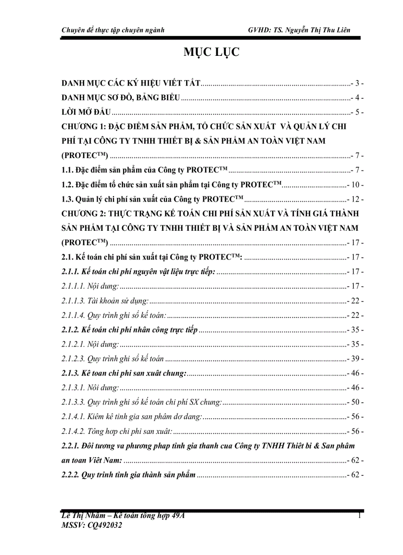 Kế toán chi phí sản xuất và tính giá thành sản phẩm tại Công ty TNHH thiết bị và sản phẩm an toàn Việt Nam (PROTECTM)