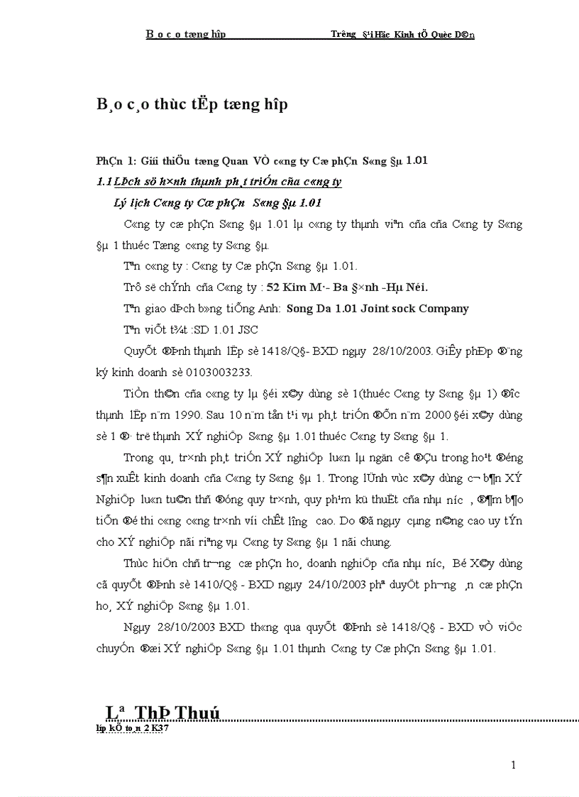 Báo cáo thực tập tổng hợp Về công ty Cổ phần Sông Đà 1.01