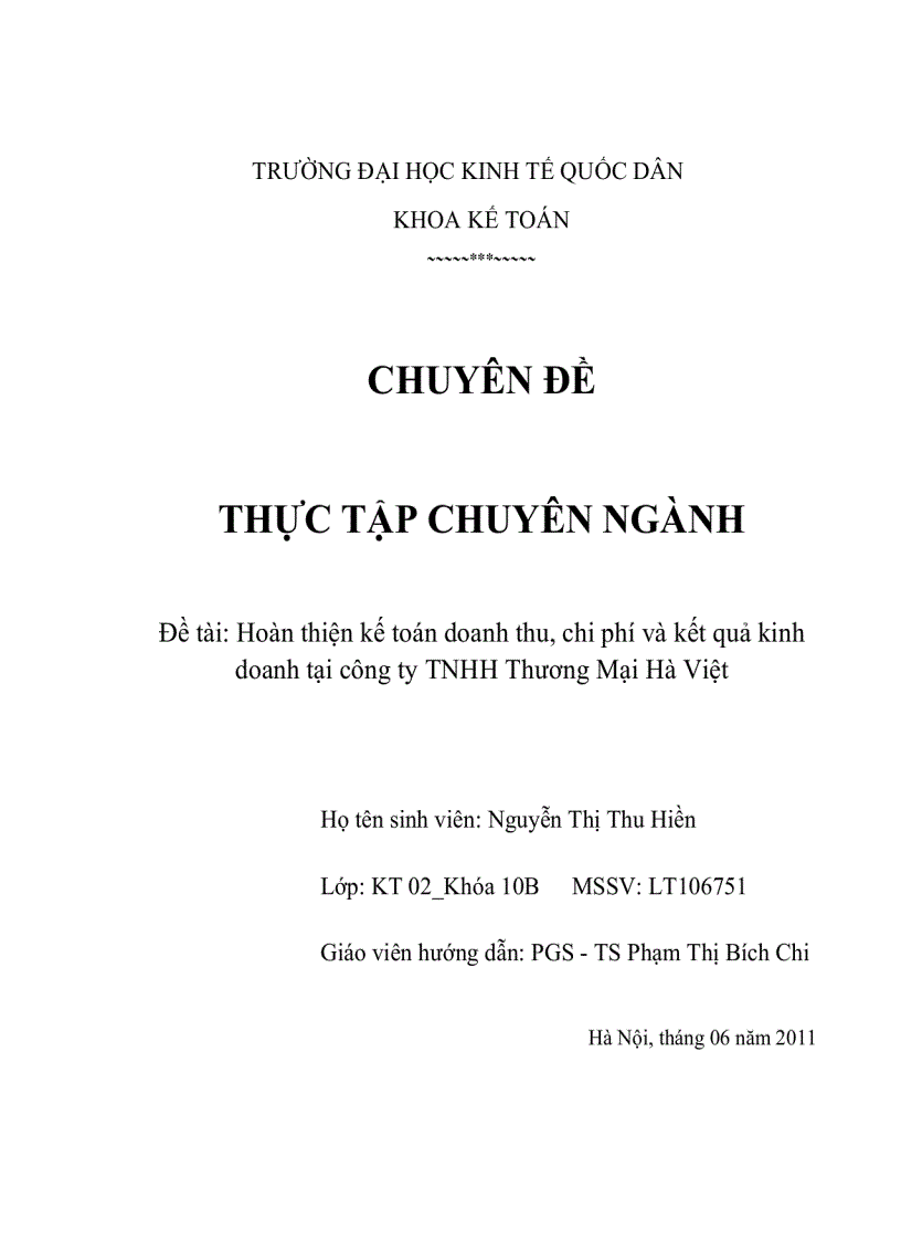 Hoàn thiện kế toán doanh thu, chi phí và kết quả kinh doanh tại công ty TNHH Thương Mại Hà Việt