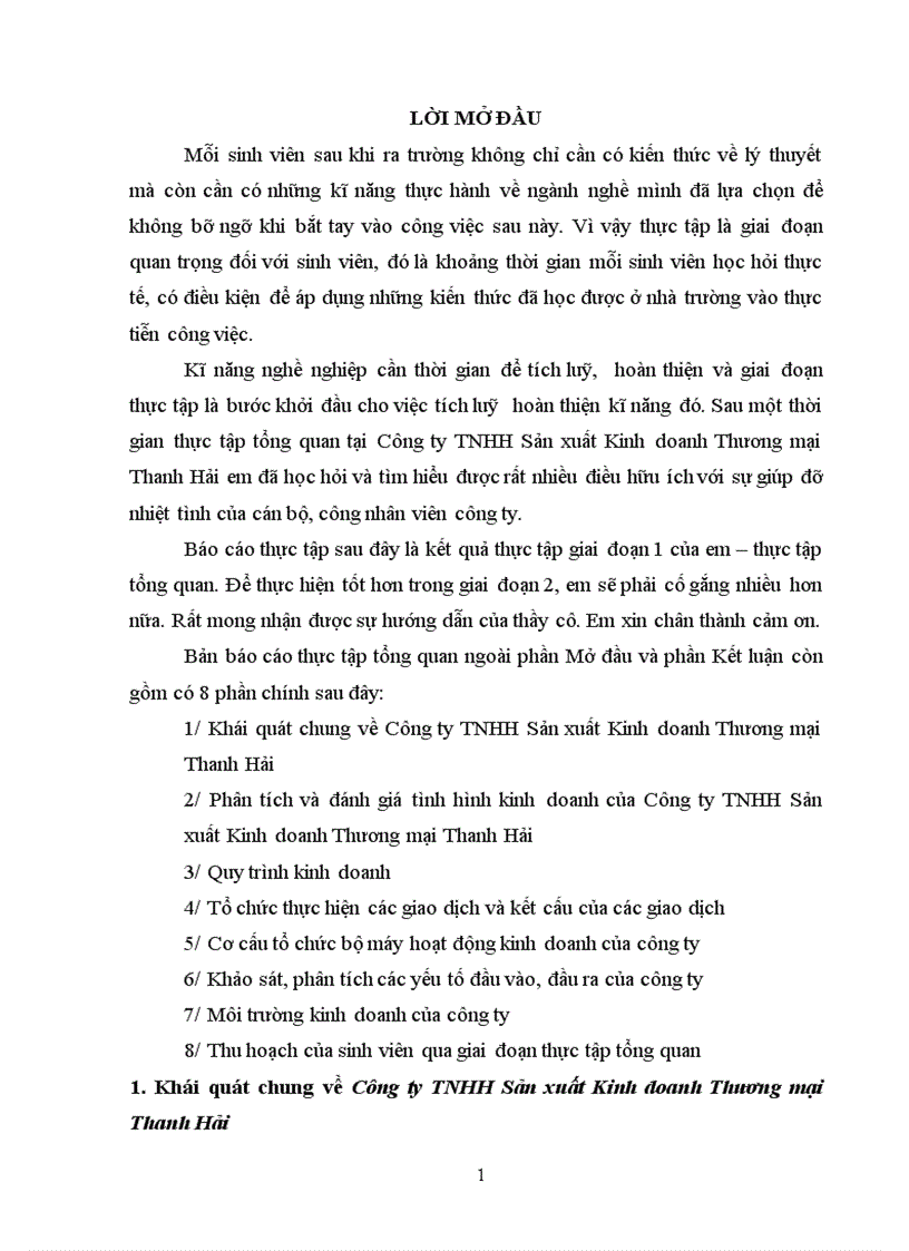 Bản báo cáo thực tập tổng quan tại Công ty TNHH Sản xuất Kinh doanh Thương mại Thanh Hải