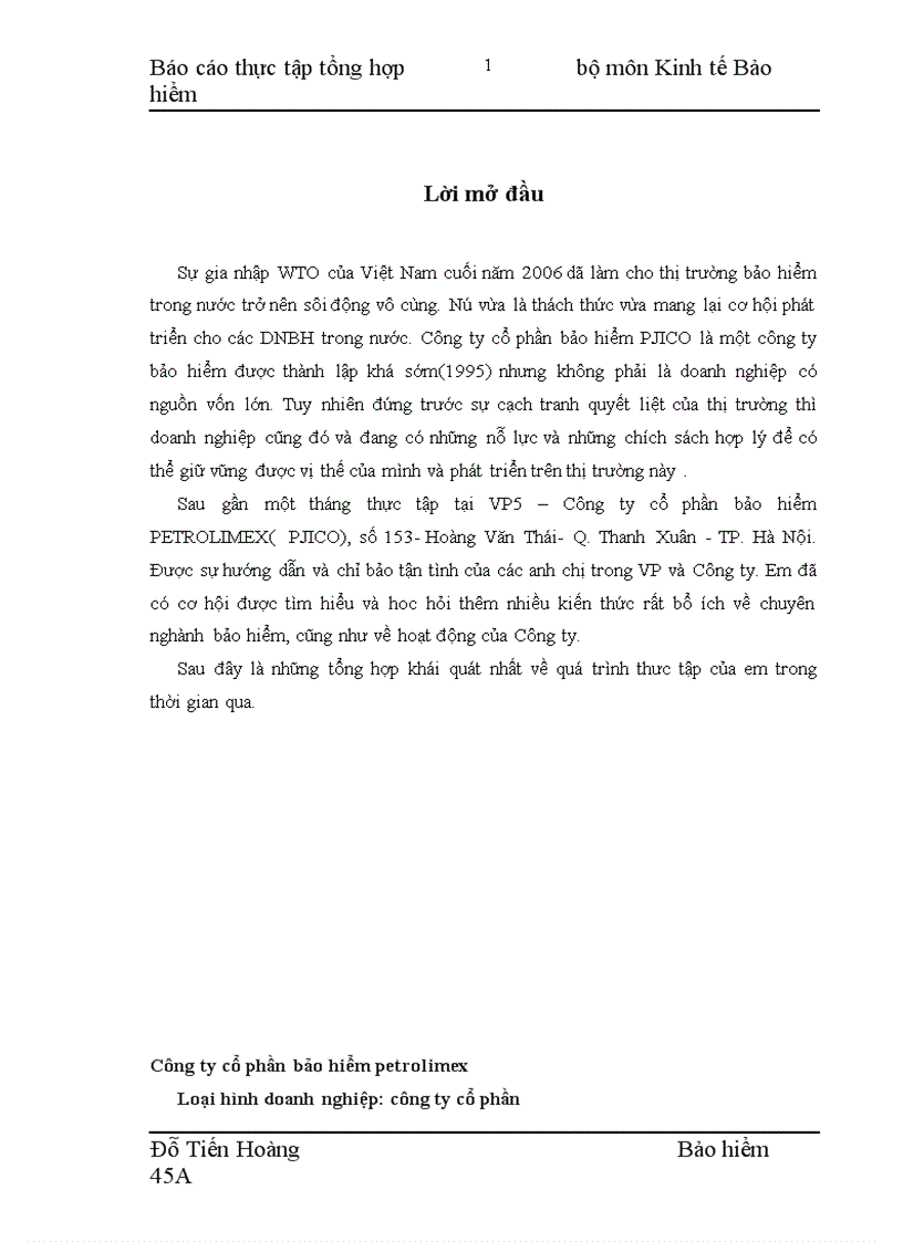 Báo cáo tổng hợp tại Công ty cổ phần bảo hiểm petrolimex