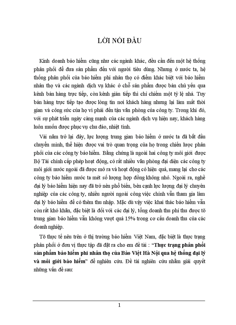Thực trạng phân phối sản phẩm bảo hiểm phi nhân thọ của Bảo Việt Hà Nội qua hệ thống đại lý và môi giới bảo hiểm 1