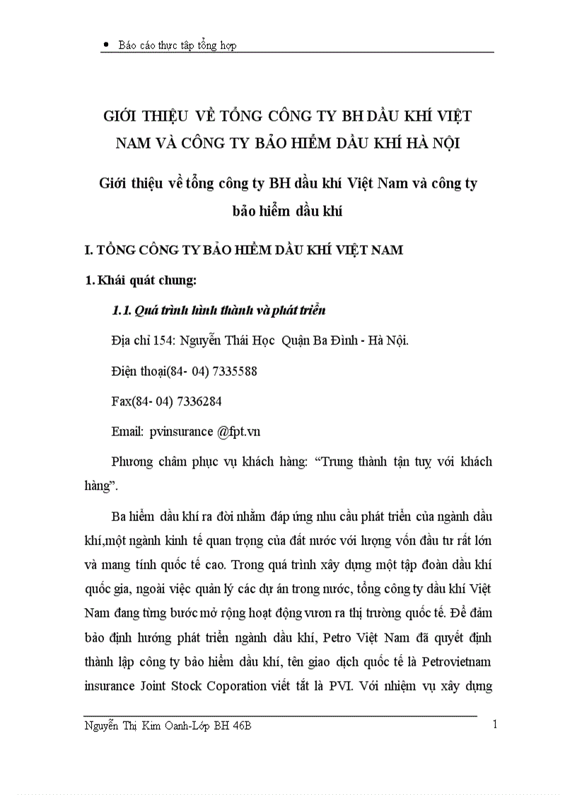Báo cáo thực tập tổng hợp tại công ty bảo hiểm dầu khí