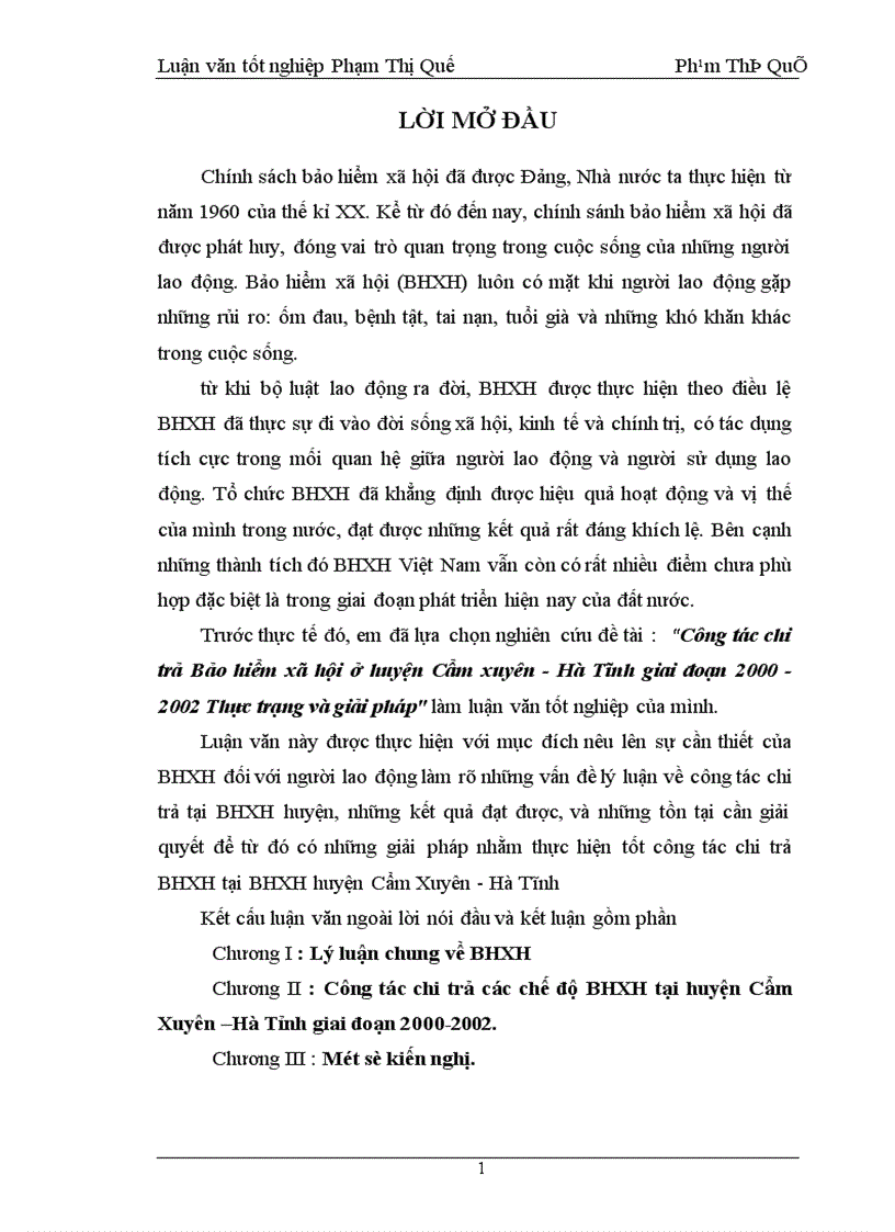 Công tác chi trả Bảo hiểm xã hội ở huyện Cẩm xuyên Hà Tĩnh giai đoạn 2000 2002 Thực trạng và giải pháp 1