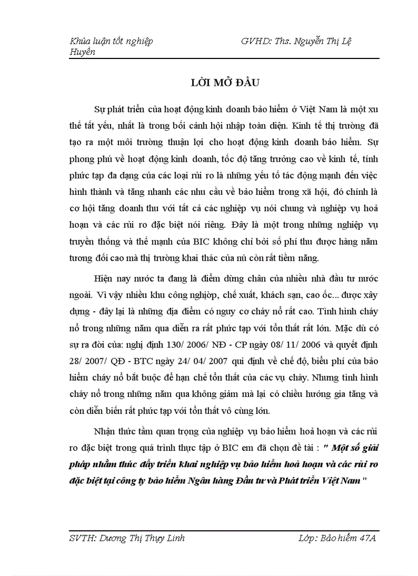Một số giải pháp nhằm thúc đẩy triển khai nghiệp vụ bảo hiểm hoả hoạn và các rủi ro đặc biệt tại công ty bảo hiểm Ngân hàng Đầu tư và Phát triển Việt Nam 1