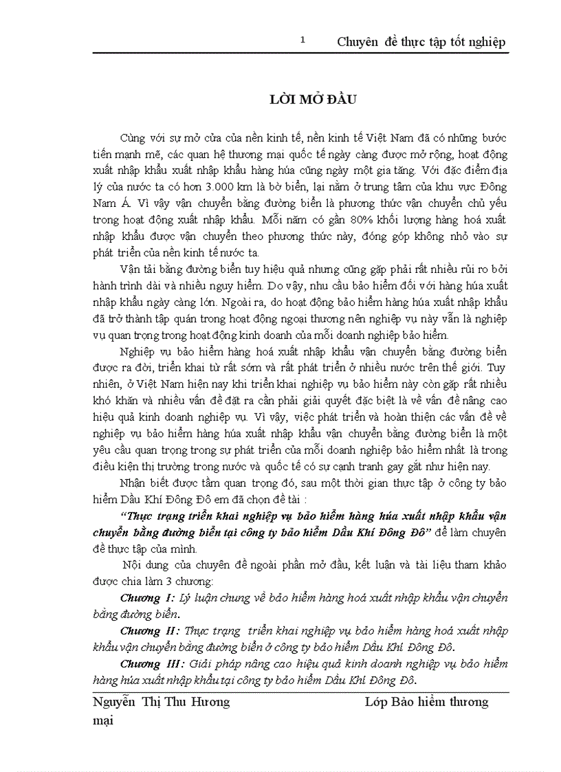 Thực trạng triển khai nghiệp vụ bảo hiểm hàng hóa xuất nhập khẩu vận chuyển bằng đường biển tại công ty bảo hiểm Dầu Khí Đông Đô 1