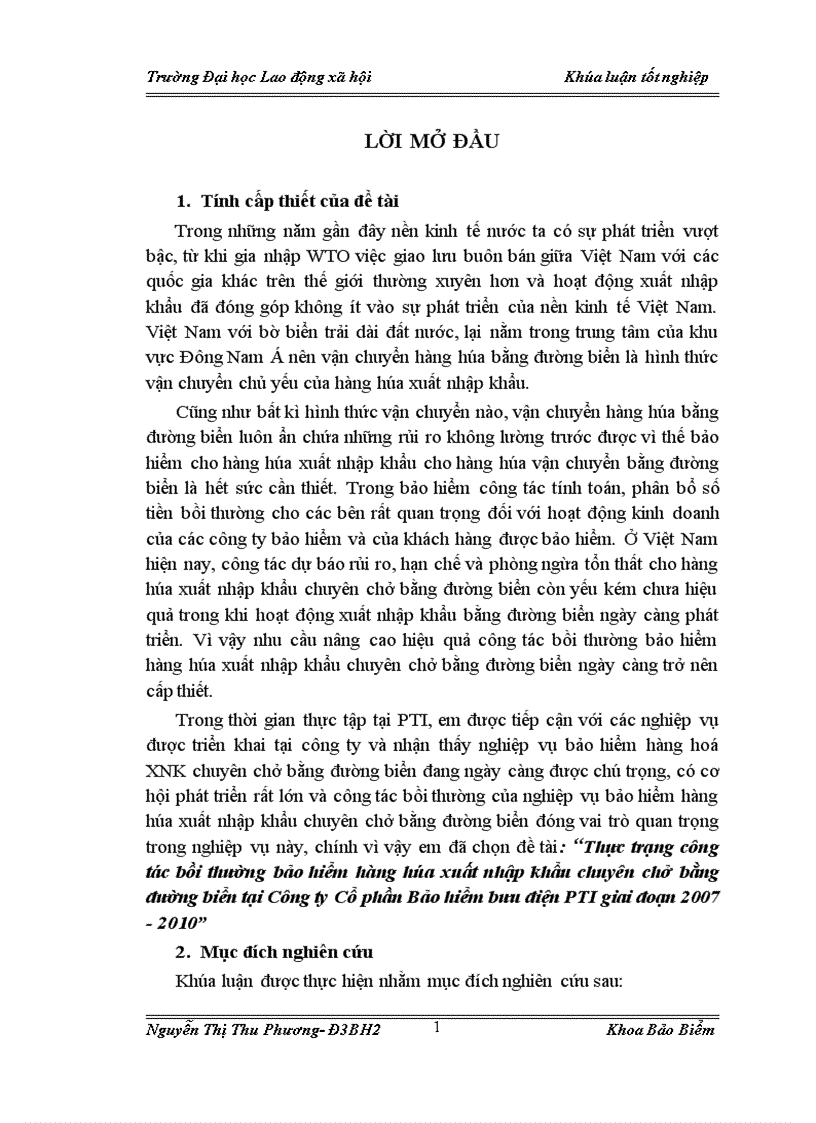 Thực trạng công tác bồi thường bảo hiểm hàng hóa xuất nhập khẩu chuyên chở bằng đường biển tại Công ty Cổ phần Bảo hiểm bưu điện PTI giai đoạn 2007 2010