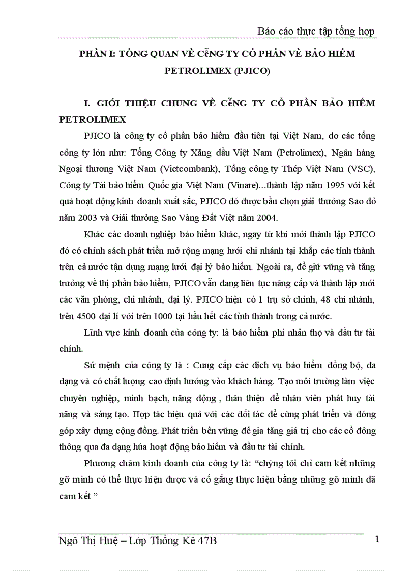 Báo cáo thực tập tổng hợp tại Công ty cổ phần bảo hiểm Petrolimex 1