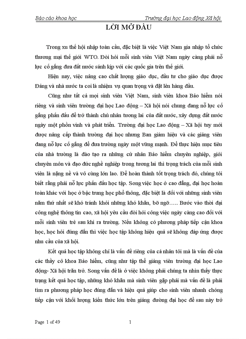 Thực trạng và một số giải pháp nhằm nâng cao kết quả học tập của lớp Cao đẳng Bảo hiểm khoá 11 Trường đại học Lao động Xã hội