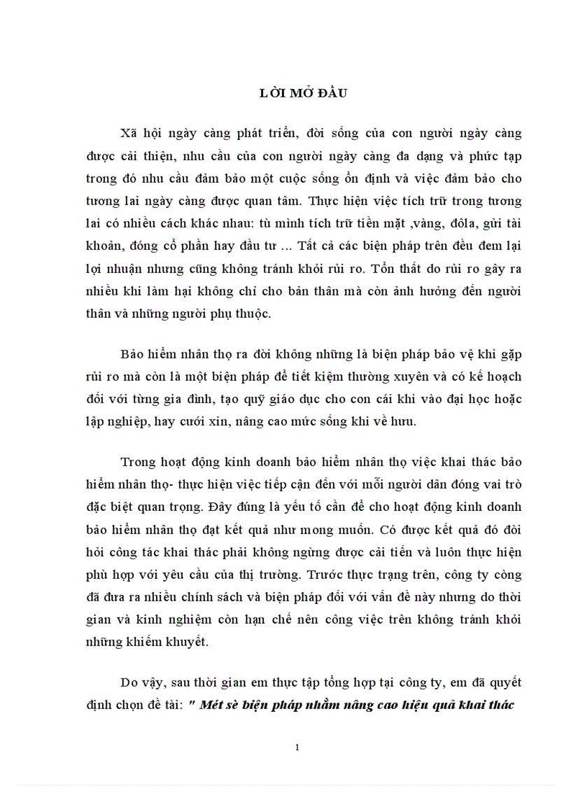 Một số biện pháp nhằm nâng cao hiệu quả khai thác tại Công ty Bảo hiểm nhân thọ Hà Nội 1