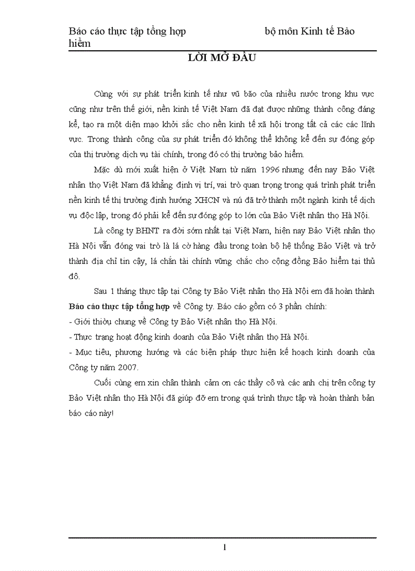 Báo cáo thực tập tổng hợp tại Công ty Bảo Việt nhân thọ Hà Nội