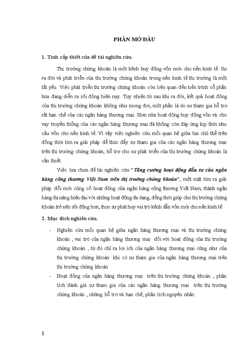 Tăng cường hoạt động đầu tư của ngân hàng công thương Việt Nam trên thị trường chứng khoán