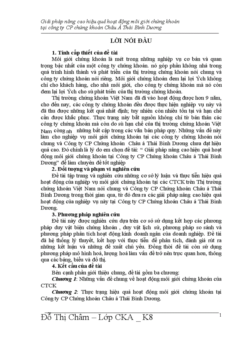 Giải pháp nâng cao hiệu quả hoạt động môi giới chứng khoán tại Công ty CP Chứng khoán Châu á Thái Bình Dương 1
