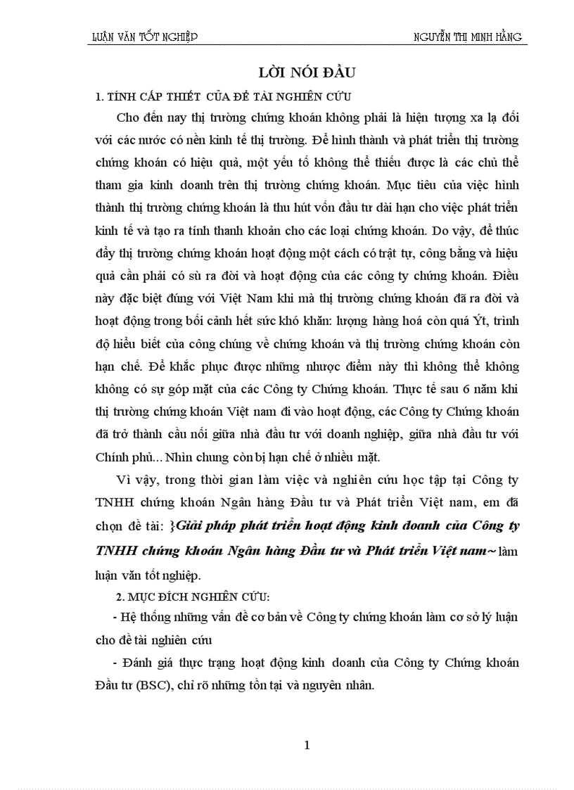 Giải pháp phát triển hoạt động kinh doanh của Công ty TNHH chứng khoán Ngân hàng Đầu tư và Phát triển Việt nam