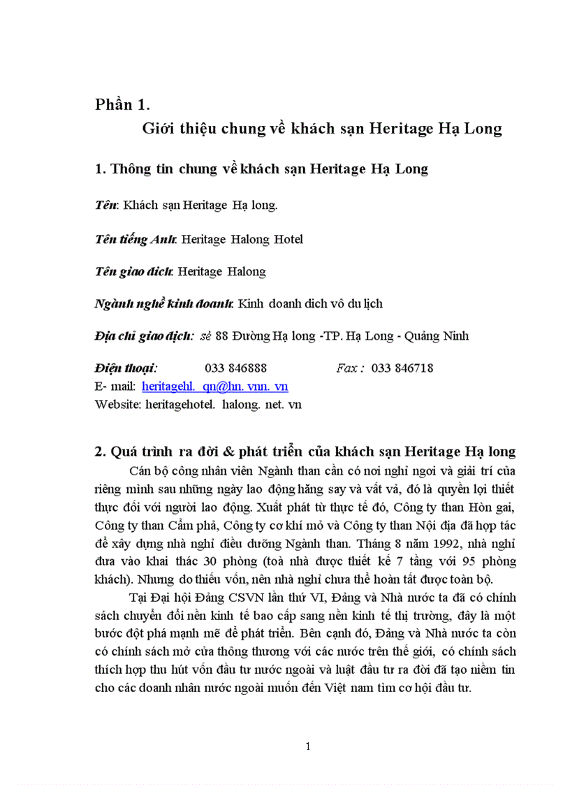 Báo cáo thực tập tổng hợp tại khách sạn Heritage Hạ Long