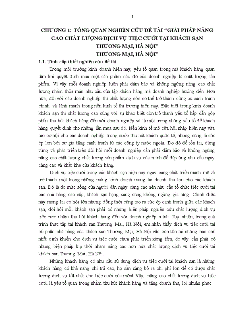 Báo cáo thực tập tổng hợp Giải pháp nâng cao chất lượng dịch vụ tiệc cưới tại khách sạn thương mại hà nội
