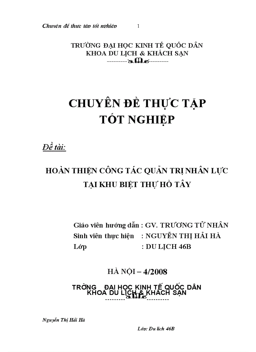 Hoàn thiện công tác quản trị nhân lực tại khu biệt thự Hồ Tây