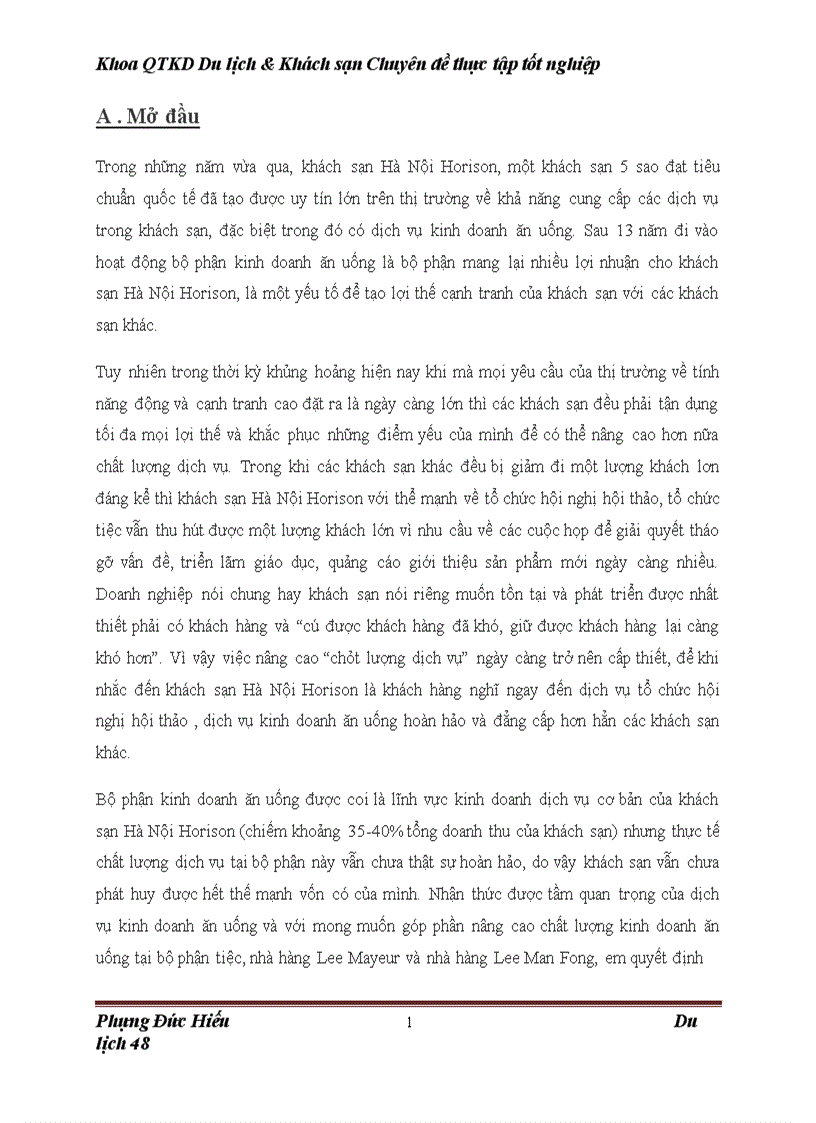Thực trạng và các giải pháp nâng cao chất lượng dịch vụ trong kinh doanh nhà hàng tại khách sạn Hà Nội Horison 1