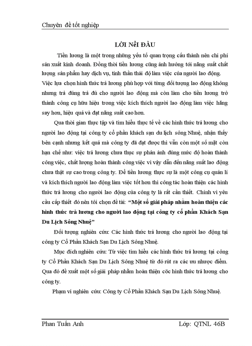 Một số giải pháp nhằm hoàn thiện các hình thức trả lương cho người lao động tại công ty cổ phần Khách Sạn Du Lịch Sông Nhuệ