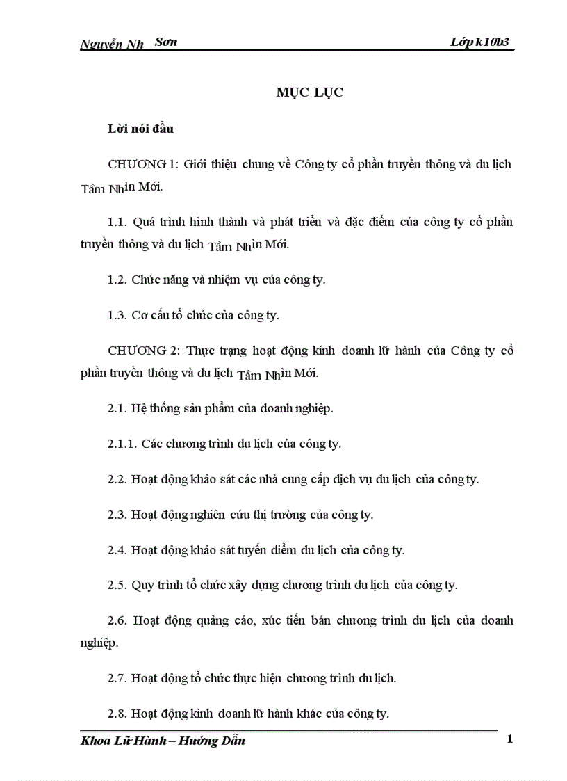 thực trạng hoạt động Kinh doanh lữ hành của công ty cổ phần truyền thông và du lịch tầm nhìn mới 1