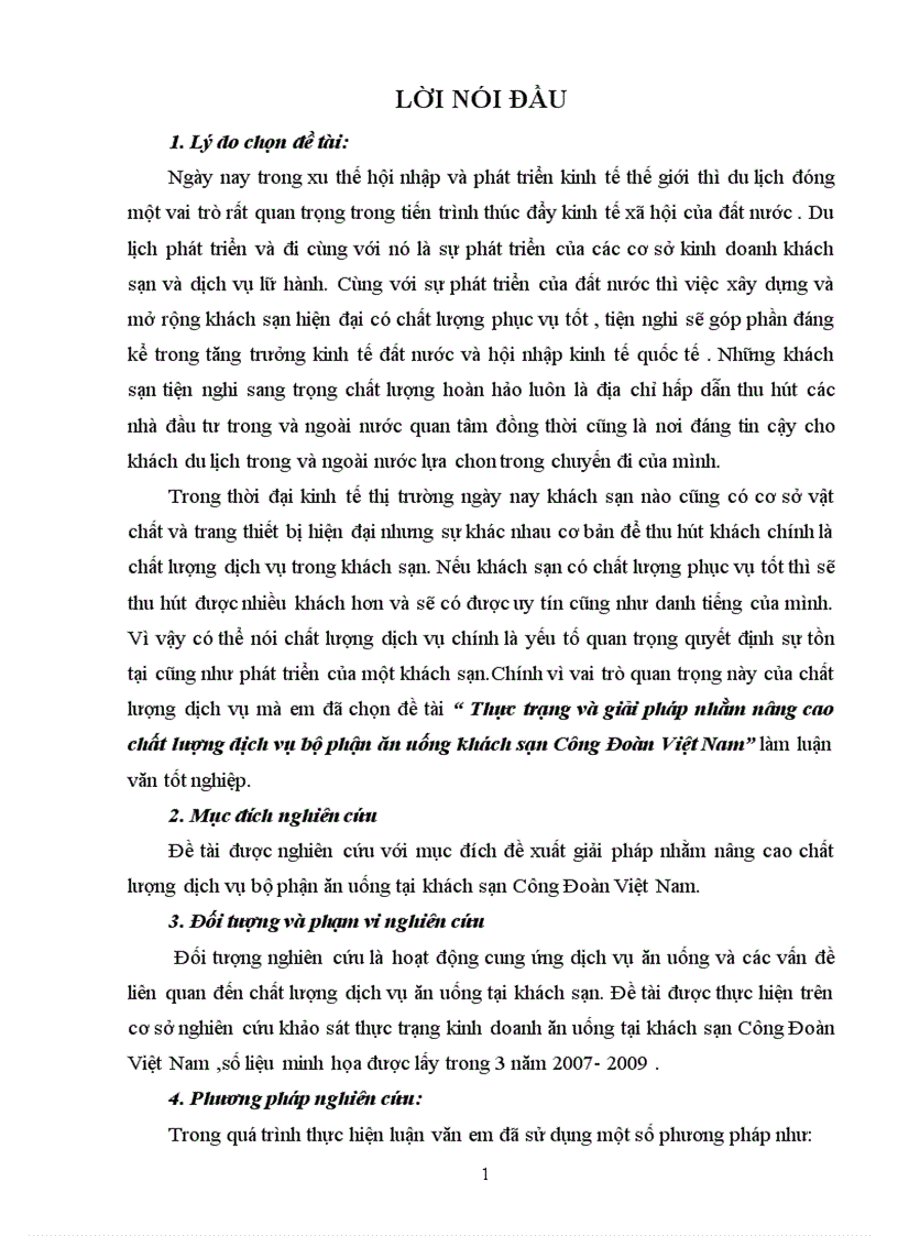 Thực trạng và giải pháp nhằm nâng cao chất lượng dịch vụ bộ phận ăn uống khách sạn Công Đoàn Việt Nam 1