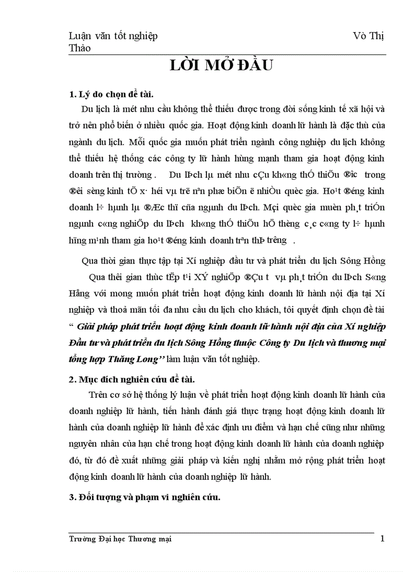 Giải pháp phát triển hoạt động kinh doanh lữ hành nội địa của Xí nghiệp Đầu tư và phát triển du lịch Sông Hồng thuộc Công ty Du lịch và thương mại tổng hợp Thăng Long 1
