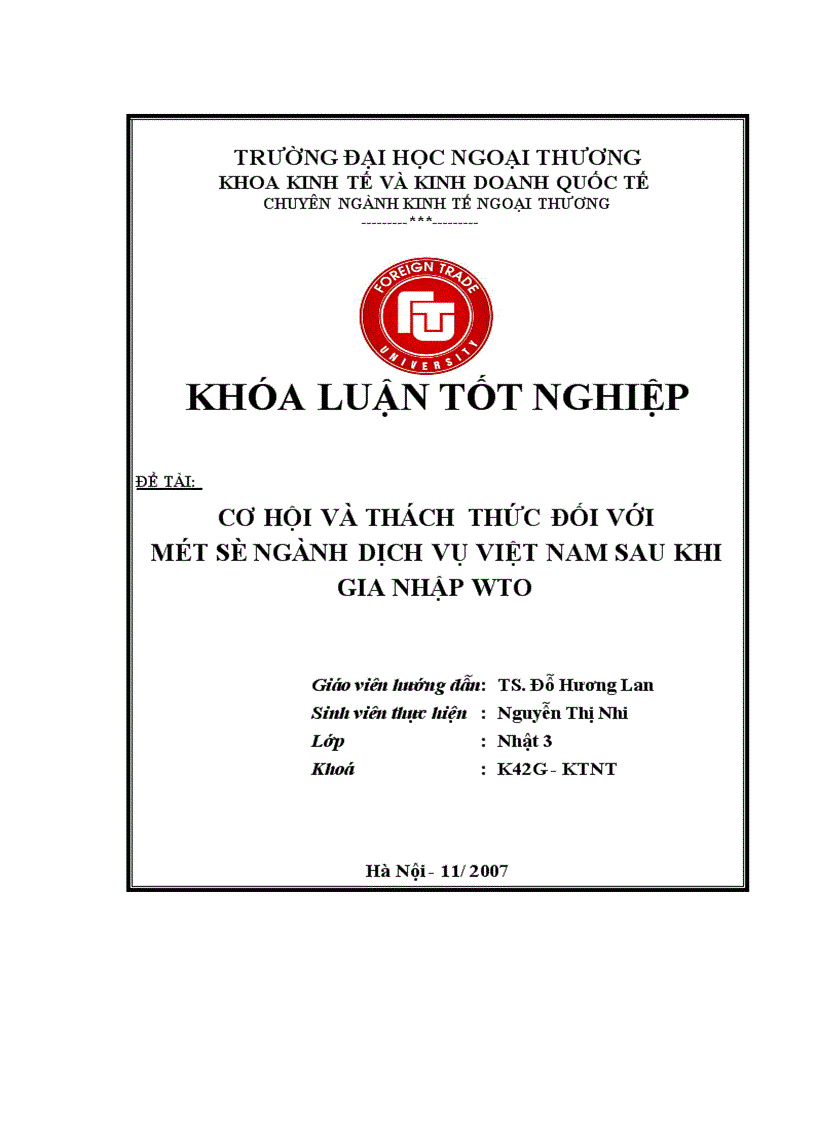 cơ hội và thách thức đối với một số ngành dịch vụ Việt nam sau khi gia nhập Wto