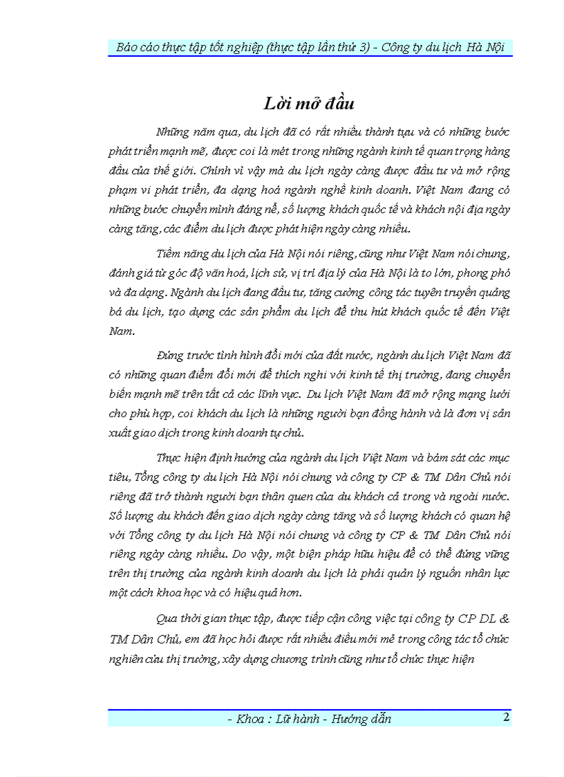 Báo cáo thực tập tại tổng công ty Du lịch Hà Nội và Công ty CP DL TM dân chủ