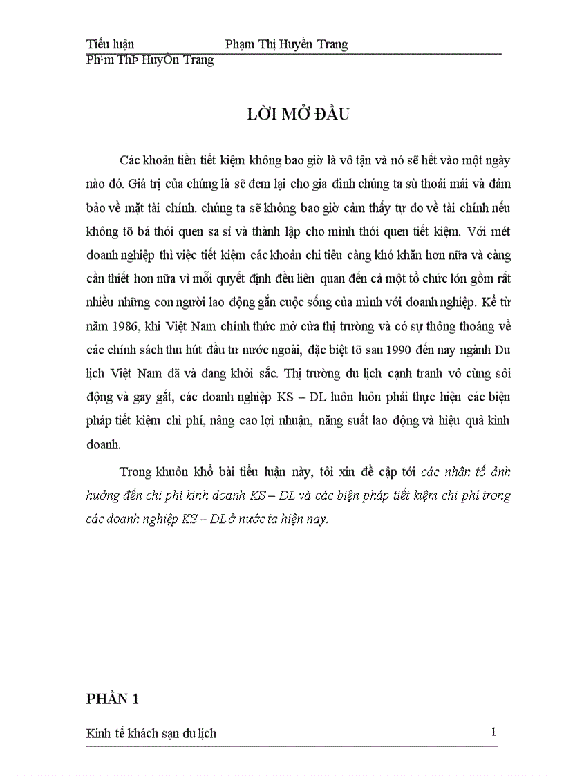 Các nhân tố ảnh hưởng đến chi phí kinh doanh KS DL và các biện pháp tiết kiệm chi phí trong các doanh nghiệp KS DL ở nước ta hiện nay 1