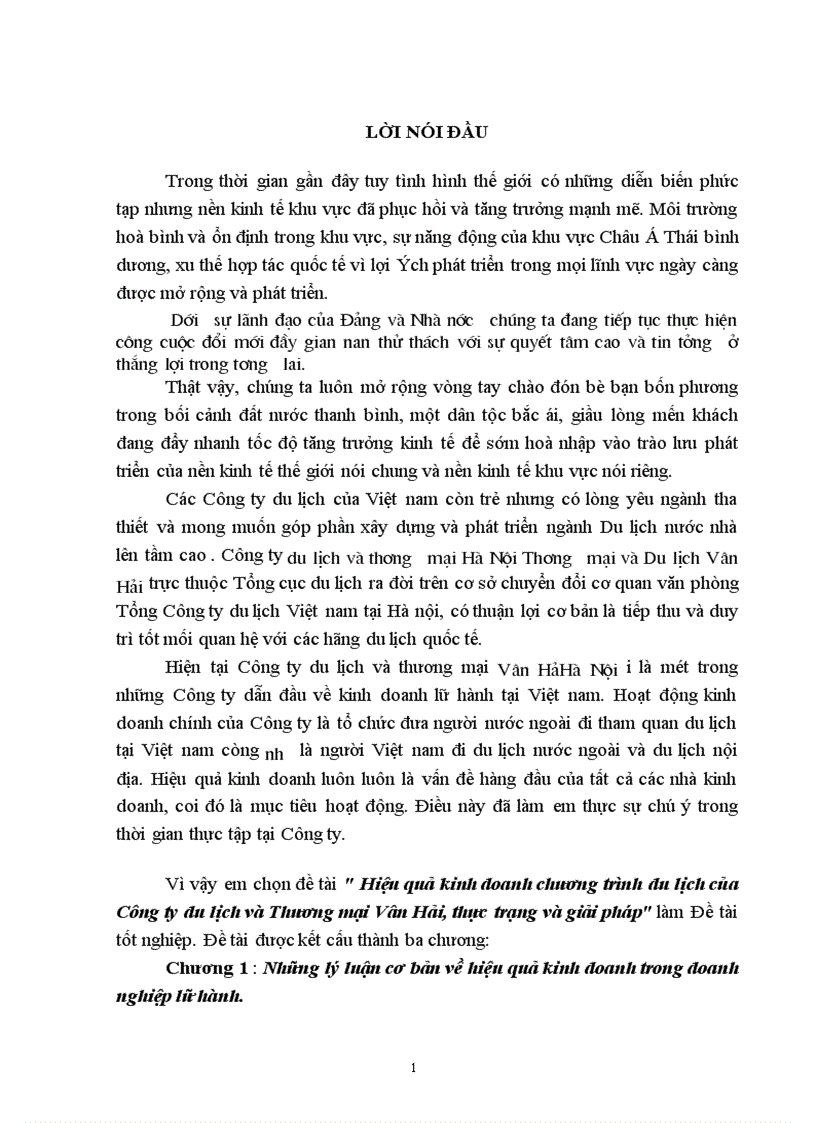Hiệu quả kinh doanh chương trình du lịch của Công ty du lịch và Thương mại Vân Hải thực trạng và giải pháp 1