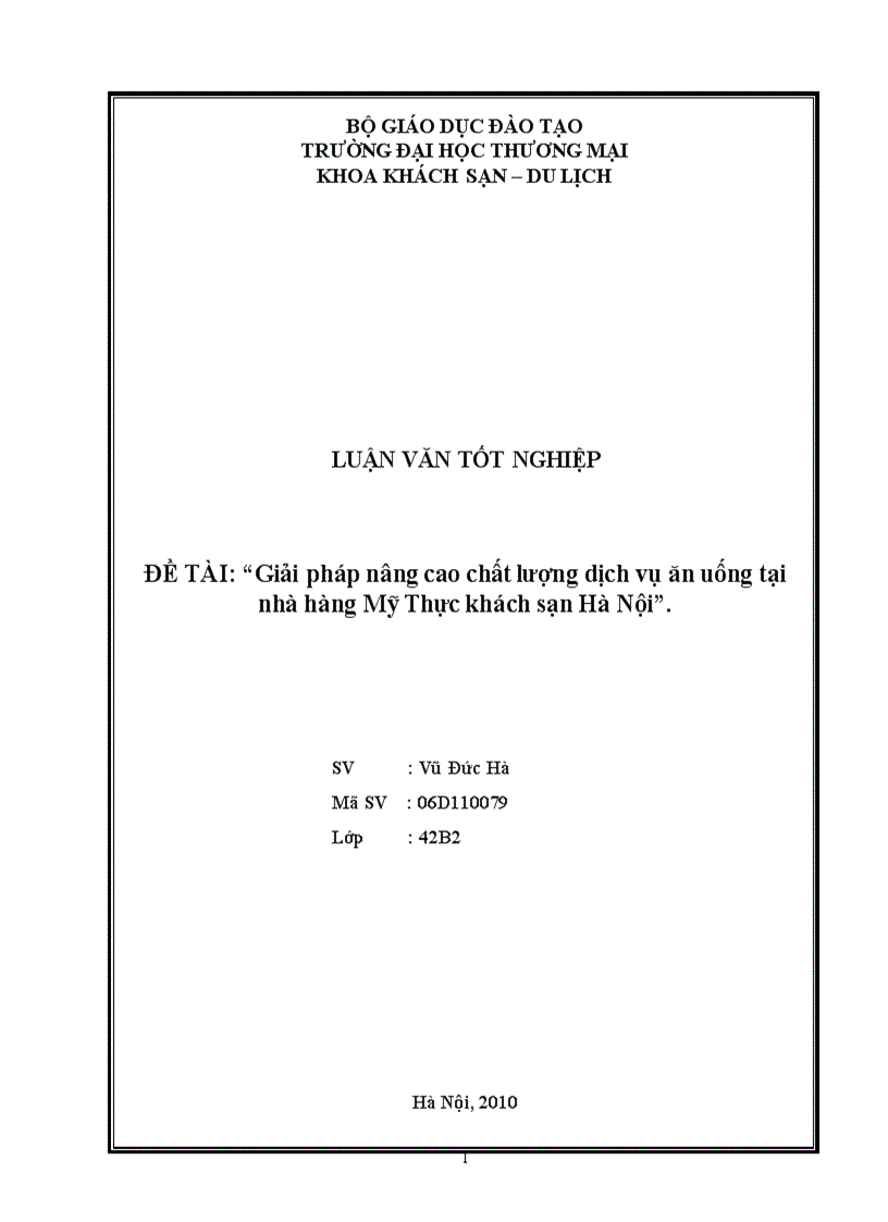 Giải pháp nâng cao chất lượng dịch vụ ăn uống tại nhà hàng Mỹ Thực khách sạn Hà Nội