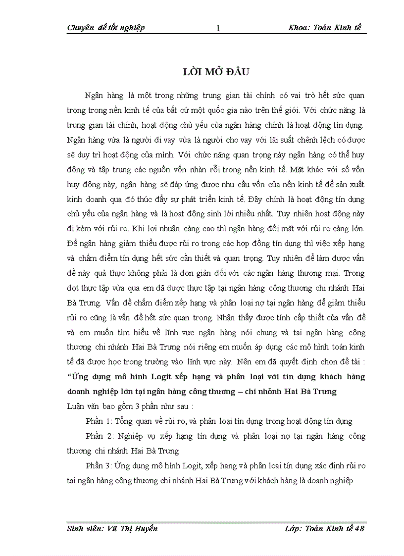Ứng dụng mô hình Logit xếp hạng và phân loại với tín dụng khách hàng doanh nghiệp lớn tại ngân hàng công thương chi nhánh Hai Bà Trưng