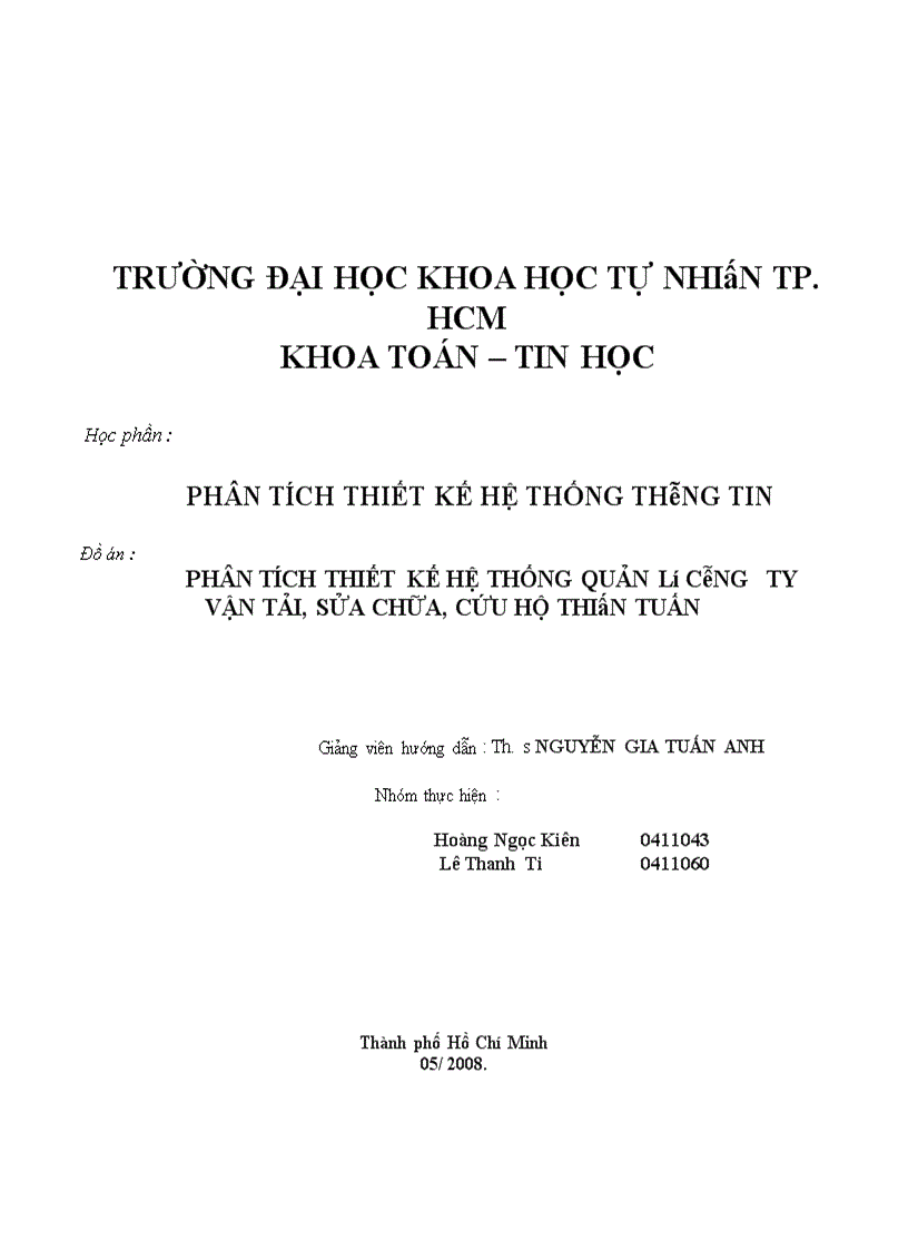 Phân tích thiết kế hệ thống quản lý Công ty vận tải sửa chữa cứu hộ Thiên Tuấn 1