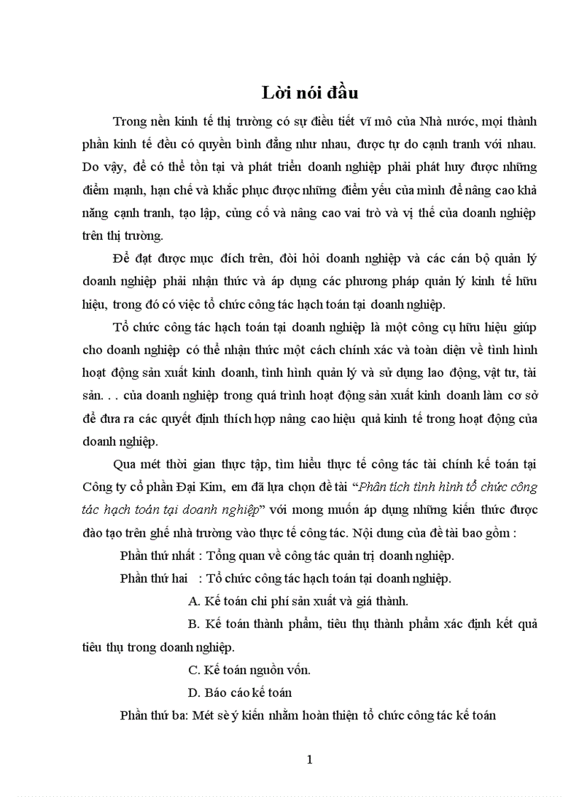 Phân tích tình hình tổ chức công tác hạch toán tại doanh nghiệp tại Công ty cổ phần Đại Kim