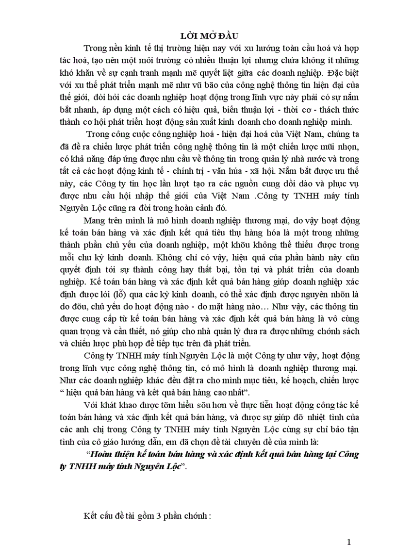 Hoàn thiện kế toán bán hàng và xác định kết quả bán hàng tại Công ty TNHH máy tính Nguyên Lộc 1