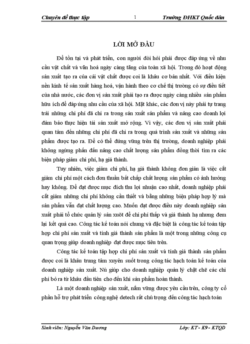 Thực trạng về kế toán chi phí sản xuất và tính giá thành sản phẩm tại Công ty cổ phần hỗ trợ phát triển công nghệ Detech 1