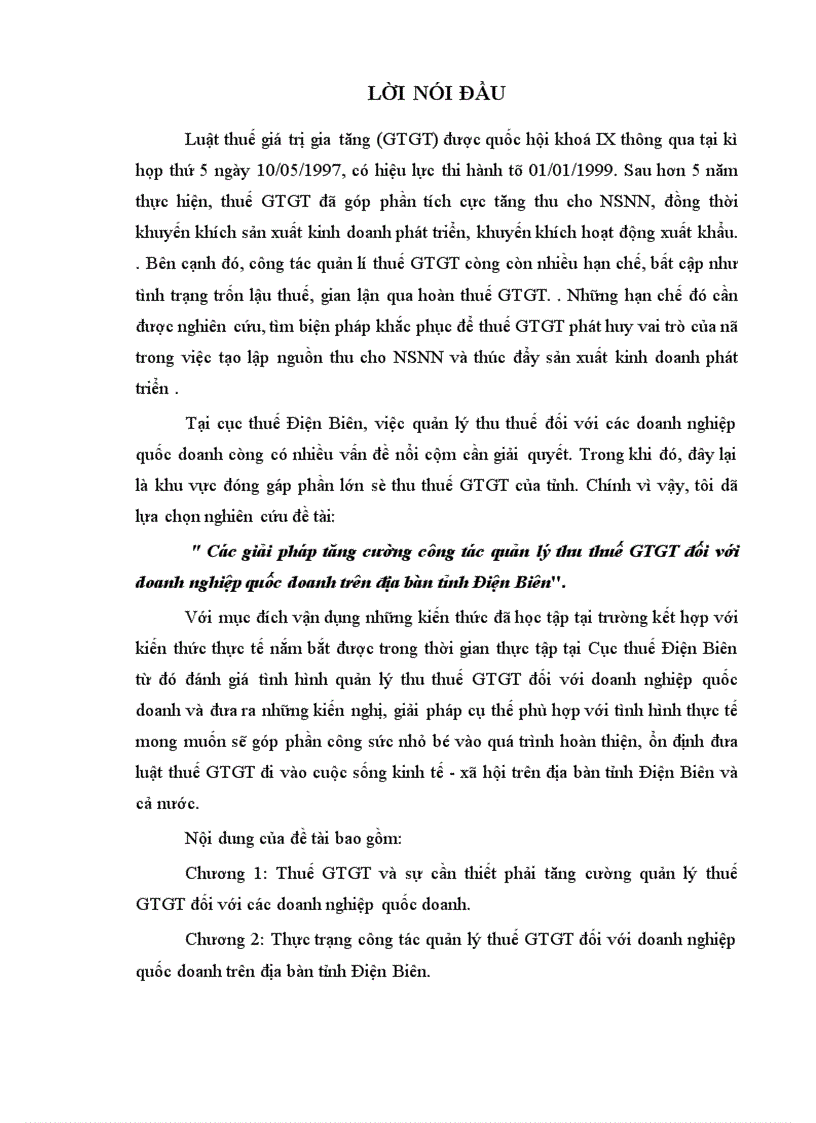 Các giải pháp tăng cường công tác quản lý thu thuế GTGT đối với doanh nghiệp quốc doanh trên địa bàn tỉnh Điện Biên 1