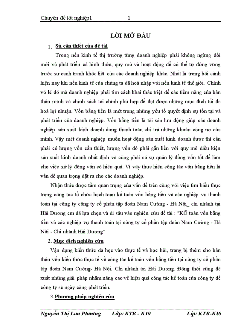 Kế toán vốn bằng tiền và các nghiệp vụ thanh toán tại công ty cổ phần tập đoàn Nam Cường Hà Nội Chi nhánh Hải Dương 1