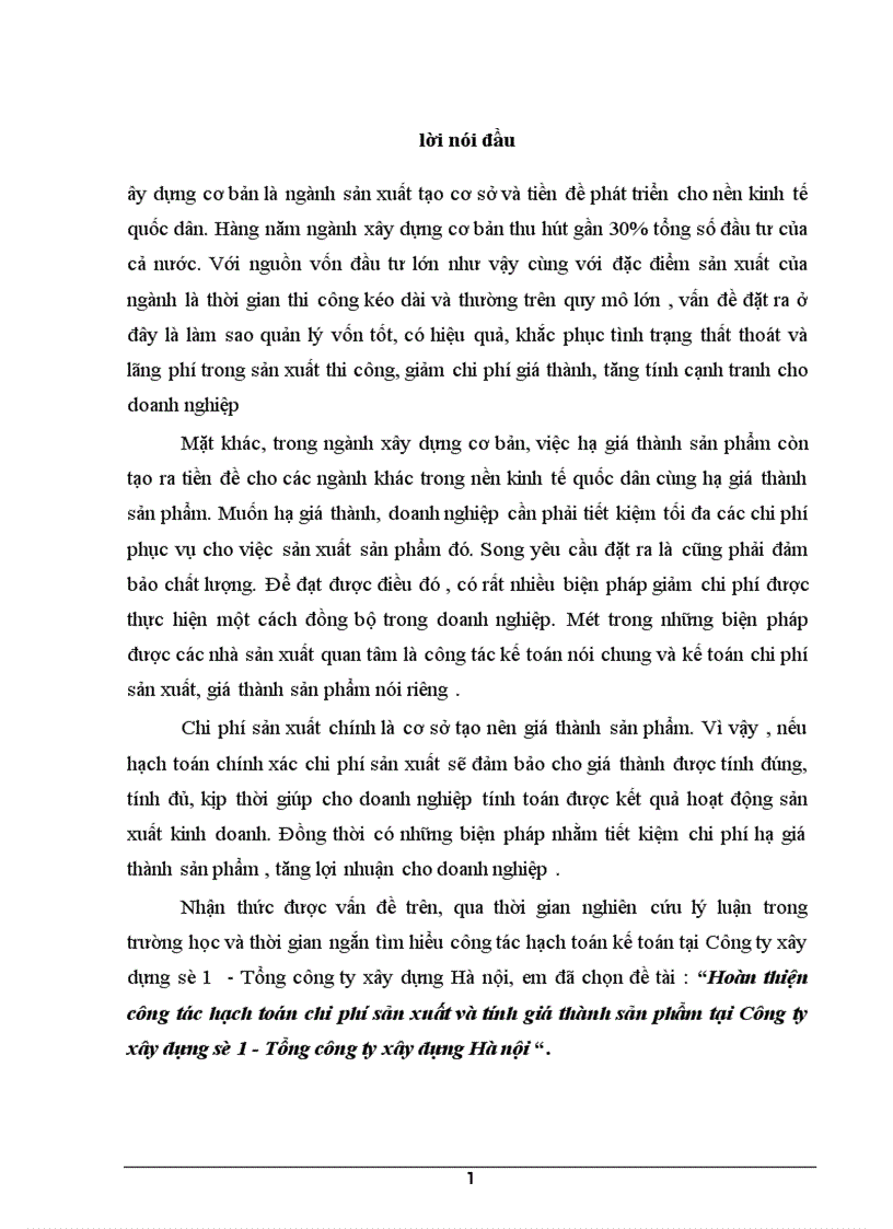 Hoàn thiện công tác hạch toán chi phí sản xuất và tính giá thành sản phẩm tại Công ty xây dựng số 1 Tổng công ty xây dựng Hà nội 1