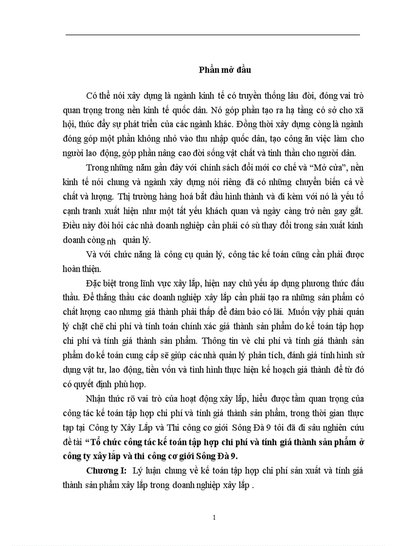 Tổ chức công tác kế toán tập hợp chi phí sản xuất và tính giá thành sản phẩm xây lắp ở Công ty Xây lắp TCCG Sông Đà 9 1