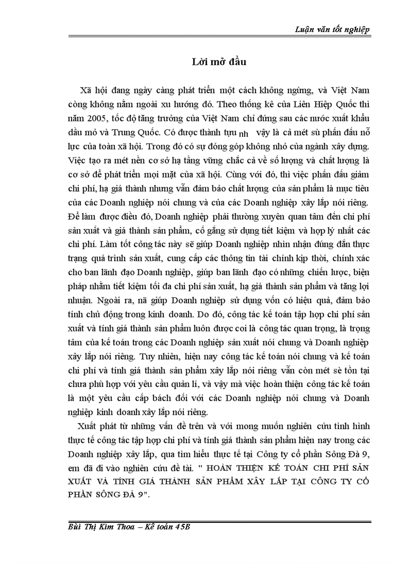 Hoàn thiện kế toán chi phí sản xuất và tính giá thành sản phẩm xây lắp tại Công ty cổ phần sông đà 9 1