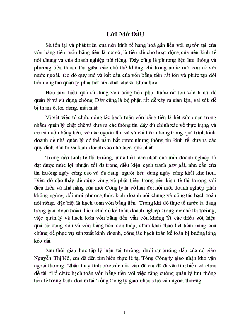 Một số kiến nghị nhằm hoàn thiện tổ chức công tác kế toán vốn bằng tiền tại Tổng Công ty giao nhận kho vận ngoại thương 1