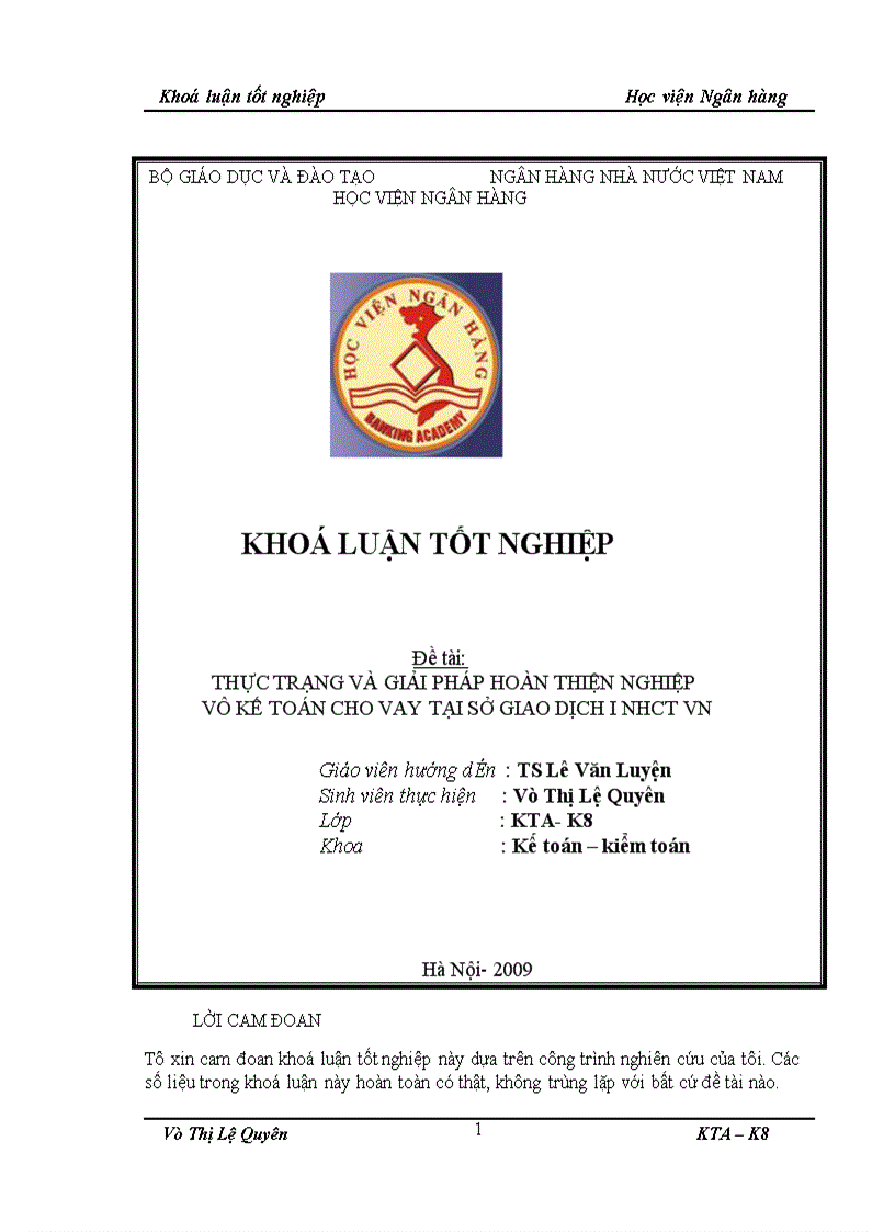 Thực trạng và giải pháp hoàn thiện nghiệp vụ kế toán cho vay tại Sở giao dịch I Ngân hàng Công Thương Việt Nam 1