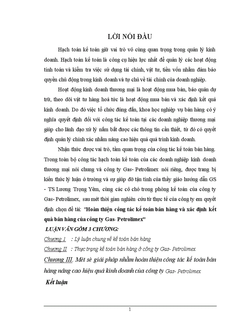 Một số giải pháp nhằm hoàn thiện công tác kế toán bán hàng nâng cao hiệu quả kinh doanh của công ty Gas Petrolimex