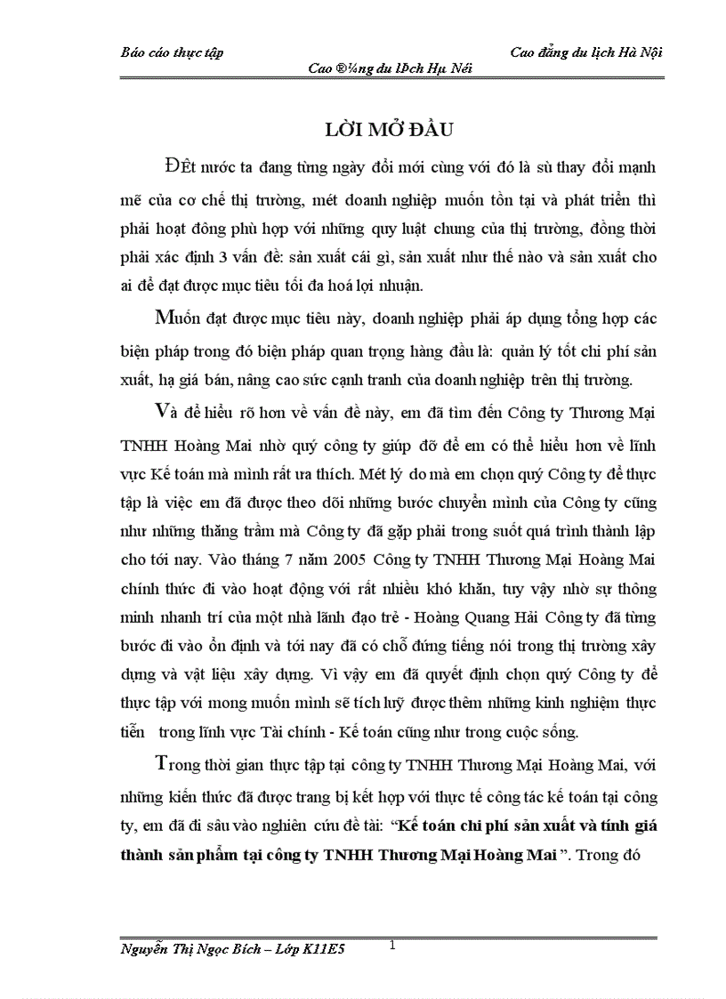 Kế toán chi phí sản xuất và tính giá thành sản phẩm tại công ty TNHH Thương Mại Hoàng Mai 1