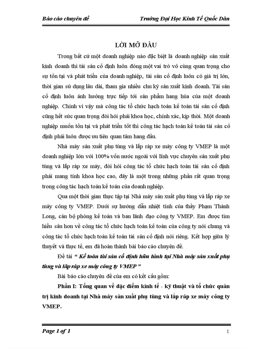 Kế toán tài sản cố định hữu hình tại Nhà máy sản xuất phụ tùng và lăp ráp xe máy công ty VMEP