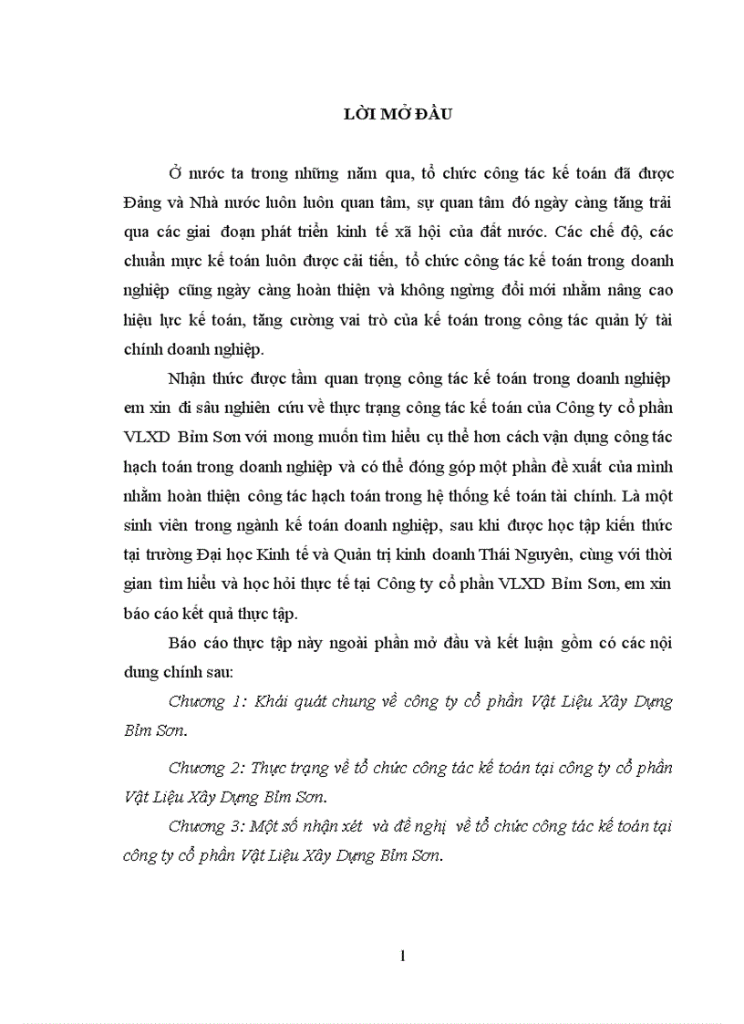 Thực trạng về tổ chức công tác kế toán tại công ty cổ phần Vật Liệu Xây Dựng Bỉm Sơn 1